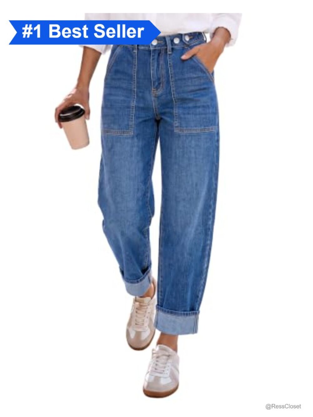 High Waisted Barrel Jeans Cinched Waist Cuffed Stretch Denim Pants